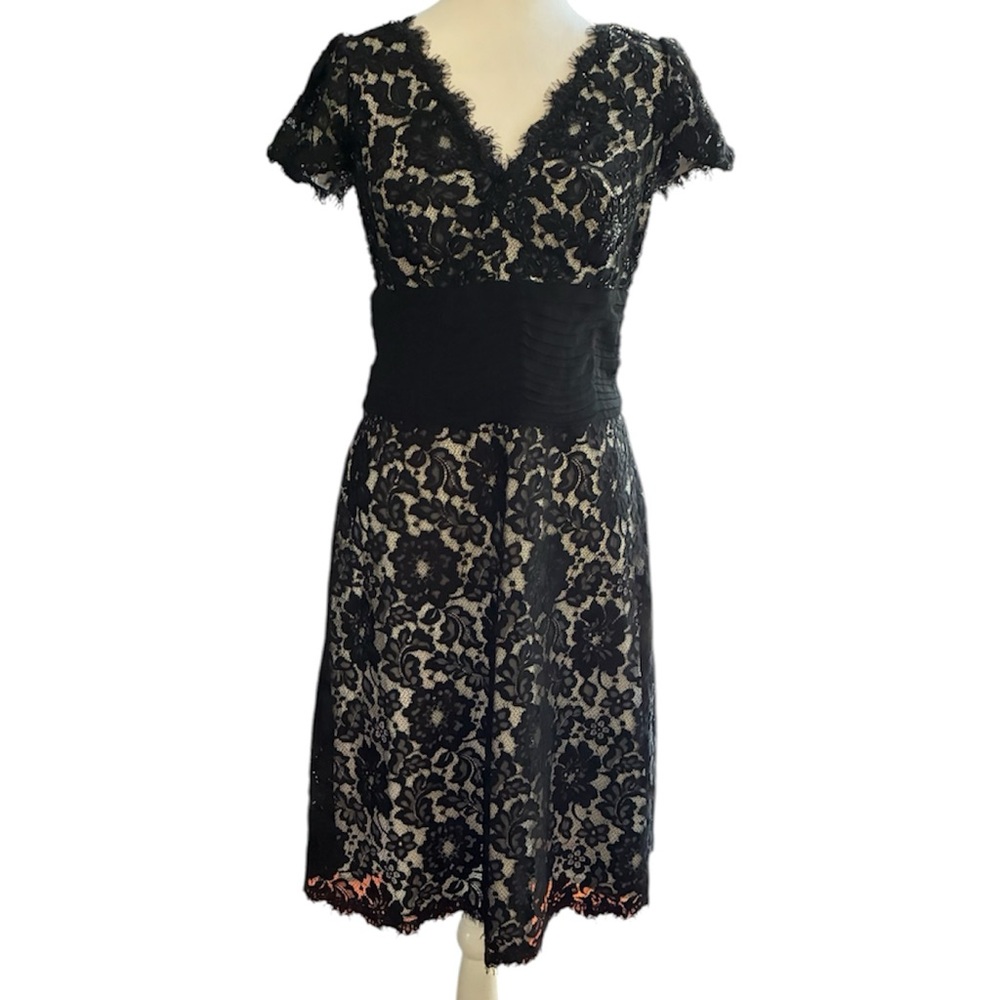 Tadashi Collection Black Lace Beaded Midi Dress with Wide Waistband size 6